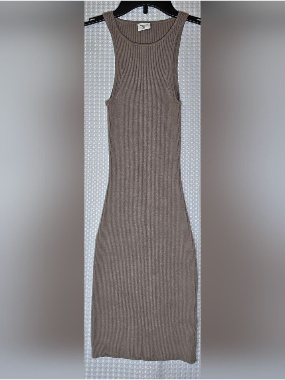 Abercrombie Ribbed Midi Dress Taupe Neutral Quiet Luxury Bodycon XXSP - Picture 6 of 14